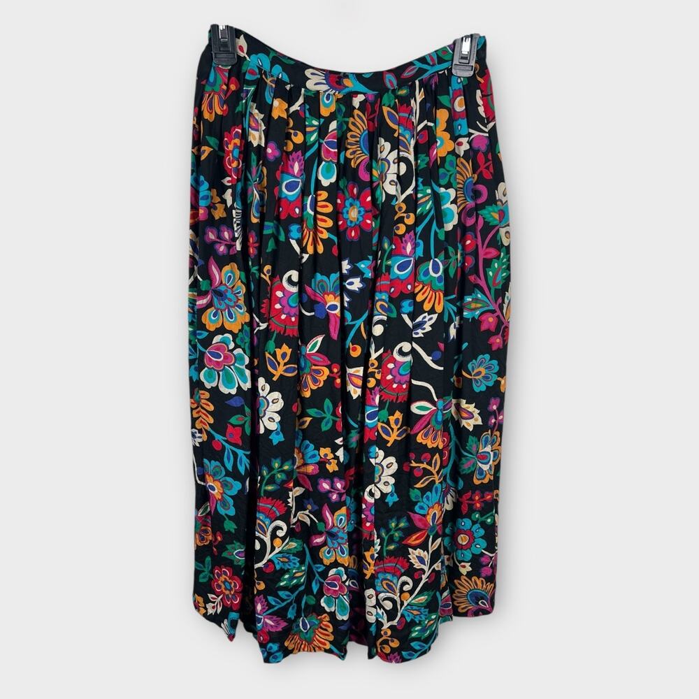 Vintage 80s Liz‎ Claiborne Black Mod Colorful Floral Pleated Midi Skirt 0 XXS